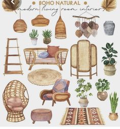 watercolor clipart boho natural furniture and plants - 20 png, dxf