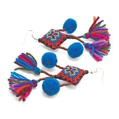 Hilltribe Chrocheted Earrings, O Approx. 4 1/2" drop from ear Handcrafted in Thailand Handmade Bohemian Drop Danglers, Handmade Multicolor Bohemian Danglers, Unique Tassel Dangle Earrings For Festivals, Unique Festival Tassel Dangle Earrings, Unique Dangle Tassel Earrings For Festivals, Bohemian Handmade Tassel Earrings, Bohemian Multicolor Dangle Plug Earrings, Multicolor Bohemian Dangle Plug Earrings, Bohemian Multicolor Drop Danglers