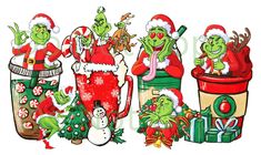 three cartoon characters dressed as santa claus, grino and other christmas related items in front of a colorful background