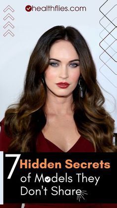 a woman with long brown hair and red lipstick on the cover of her book, seven hidden secrets of models they don't share