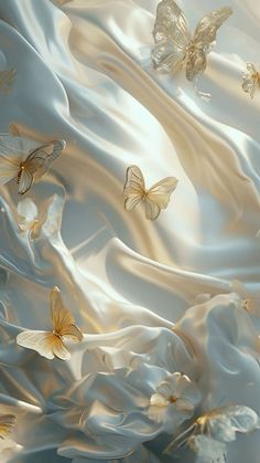 white silk with gold butterflies flying through it