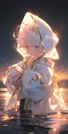 an anime character is standing in the water wearing a white outfit with gold trimmings