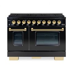 a black and gold stove with two ovens