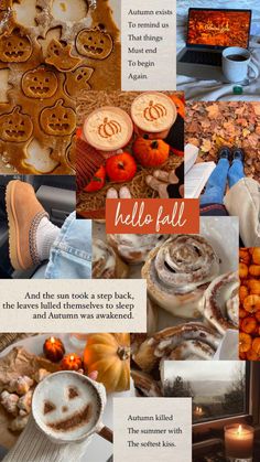 a collage of photos with pumpkins, cookies and other things to eat on the table