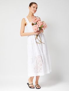 Boldly styled with a sweeping tiered midi silhouette, our Eyelet Kristen Dress is glamorous yet relaxed. Crafted from an allover embroidered cotton lawn and accented with intricate smocking at the bodice. Lace trim highlights the tiered seaming in the skirt. Wear yours with a simple flat sandals, espadrilles, or casual sneakers for the perfect pairing. Embroidered cotton, fully lined, smocking detail at bodice and straps, tiered seaming with flounce hem and full midi skirt, lace trim at seams, side seam skirt pockets, can be worn as a cover-up or casual day dress  Color: Fresh White Fabric: 100% Cotton Embroidered  Lace Trim Fully lined Smocking detail at bodice Smocked straps Pull-on design, no closure Tiered seaming with flounce hem and full midi skirt Side seam pockets When cared for pr White Midi-length Tiered Dress For Garden Party, White Midi Tiered Dress For Garden Party, White Midi Length Tiered Dress For Garden Party, Feminine Broderie Anglaise Midi Dress For Garden Party, Feminine Summer Tiered Dress For Daywear, Spring Tiered Dress For Daywear, White Feminine Midi-length Tiered Dress, Brunch Midi Dress With Broderie Anglaise, Spring Broderie Anglaise Maxi Dress