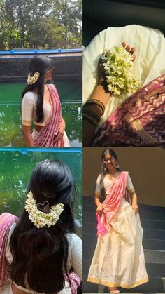 the woman is wearing a sari with flowers in her hair