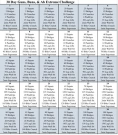 the 30 day gym burn and extreme challenge is shown in this table, with instructions for each