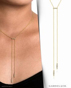 A horizontal pavé diamond bar connects this delicate 14k yellow gold lariat necklace. Two diamond encrusted marquise drops finish the design in style. This chic understated style offers a fresh spin on the classic lariat necklace.  NK5579Y45JJ #GabrielNY #DiamondJewelry #FineJewelry #GabrielAndCo#UniqueJewelry #FineJewelry#FashionJewelry#UniqueJewelry#GiftIdeas#UniqueGifts#DiamondJewelry#Jewelry#Necklaces #DiamondNecklace#GoldNecklace#YellowGoldNecklace Diamond Knot Necklace, Gold Lariat Necklace, Contemporary Necklace, Understated Style, Diamond Bar, Knot Necklace, Lariat Necklace, Pave Diamonds, Shop Necklaces