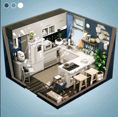 an aerial view of a kitchen and dining room in a house with the floor plan cut out