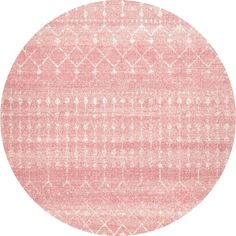 a round rug with an abstract design in pink and white on the bottom half of it