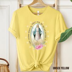 Catholic Christian Clothing, Virgin Mary T Shirt, Catholic Gifts for Women, Catholic T-shirt, Marian Cross Shirt, Women Religious Shirts - Etsy Yellow Graphic Print T-shirt As Gift, Gift Yellow Graphic Print T-shirt, Yellow Graphic Print T-shirt For Gift, Silk Shirt Vrigin Mary, Catholic T Shirts, Our Lady Guadalupe Silk Shirt Cowboy, Marian Devotion, Catholic Clothing, Catholic Tshirt