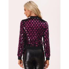 This glitter bomber jacket is fashionable and chic, and it helps you show your unique charm. Lattice-shaped sequins bring fun to this sparkle jacket which you are ready to wear for party night. The Sequin Jacket is always a delectable choice! It has a cropped design that easily matches your mini skirt for a fashion look. Trendy Outerwear With Contrast Sequin For Party, Party Top With Zipper Closure And Long Sleeves, Fall Party Top With Zipper Closure, Party Tops With Zipper Closure And Long Sleeves, Fall Party Tops With Zipper Closure, Trendy Sequined Outerwear For Party Season, Glamorous Long Sleeve Outerwear With Contrast Sequin, Long Sleeve Sequin Outerwear For Party Season, Trendy Party Tops With Zipper Closure