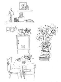 a black and white drawing of a living room with bookshelf, table, chairs, plants and shelves