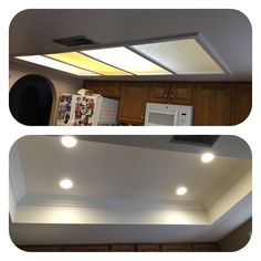 two pictures of the same kitchen with different lighting fixtures and cabinets in it, one showing recessed lights