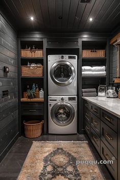 a washer and dryer in a room with dark wood paneling on the walls