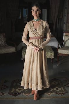 Gold handwoven silk organza kurta with a draped shawl collar and churidar sleeves. - Aza Fashions Elegant Cotton Silk Floor-length Kurta, Elegant Cotton Silk Dress With Cutdana, Tissue Silk Anarkali Set With Sheer Dupatta, Elegant Slub Silk Saree Dress, Elegant Fitted Slub Silk Dress, Formal Anarkali Chanderi Pre-draped Saree, Anarkali Style Chanderi Pre-draped Saree For Formal Occasions, Elegant Cotton Silk Churidar With Traditional Drape, Elegant Self Design Anarkali Set For Reception