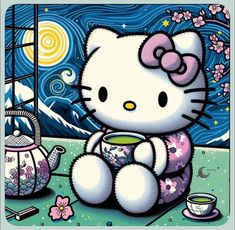 a painting of a hello kitty sitting on the ground next to a teapot and cup