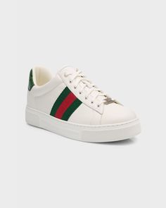 Gucci "Ace" lowtop sneakers in soft calf leather feature a chunkier construction with the distinctive green and red web stripe on the sides    1.2"H flat heel    Round toe    Laceup vamp with Ace metal tag    Croceffect leather backstay with foiled logo lettering    Additional pair of laces included    Rubber outsole    Fits true to size    Made in Italy Gucci Men Shoes Sneakers, Gucci Ace Sneakers, White Shoes Men, Red Web, Gucci Heels, Black Shoes Men, Metal Tag, Gucci Sneakers, Metal Tags