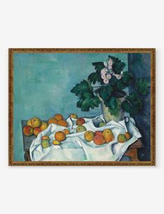 an oil painting of apples and flowers on a table with a cloth draped over it