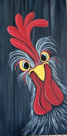 a painting of a rooster's head with yellow eyes and red feathers on a black background