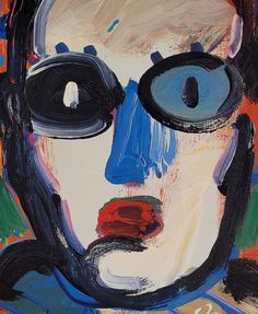 an abstract painting of a man's face with blue eyes and red nose ring