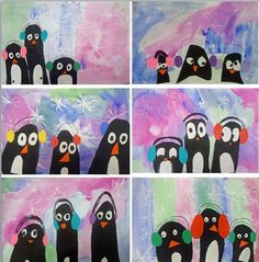 four different pictures of penguins with hats and snowflakes on their heads, one in the process of collage