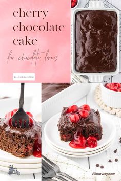 chocolate cake with cherries on top and fork in the middle, surrounded by other pictures