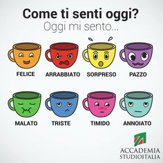 some coffee cups with different faces and words written in spanish on the bottom one says, come it senti oggi?