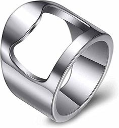 a silver ring with a square shaped design on the middle and bottom, in front of a white background