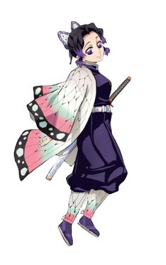 an anime character holding a butterfly on her arm and wearing a purple dress with polka dots