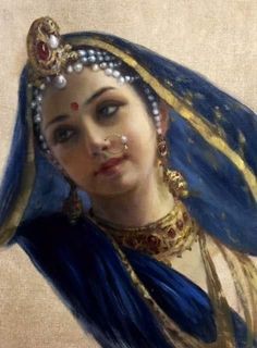 a painting of a woman with blue hair and headdress, wearing gold jewelry