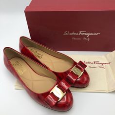 Nwb - Gorgeous Salvatore Ferragamo Red Patent Leather Flats Signature Silhouette In Glossy Patent Leather Patent Leather Upper With Grosgrain Bow Almond Toe Slip-On Style Leather Lining And Sole Made In Italy Originally $525, Bought For $299+Tax, Never Worn. Trades Or Holds Firm Red Leather Evening Flats, Red Leather Flats For Evening, Formal Closed Toe Flats With Red Sole, Elegant Evening Flats With Red Sole, Red Round Toe Flats For Evening, Elegant Flats With Red Sole, Classic Flats With Red Sole For Formal Occasions, Elegant Leather Flats With Red Sole, Classic Formal Flats With Red Sole