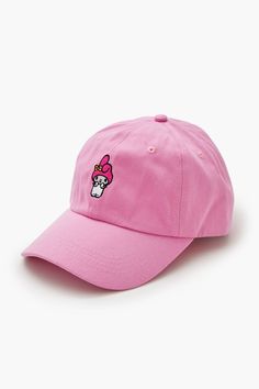 a pink baseball cap with a cartoon character on the front