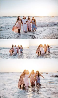 the girls are playing in the water at the beach