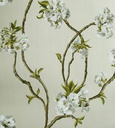 a painting of white flowers and green leaves on a beige wallpapered background,