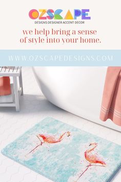 a bathroom rug with two pink flamingos on it and the words, we help bring a sense of style into your home