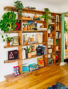 a wooden book shelf filled with lots of books and potted plants on top of it