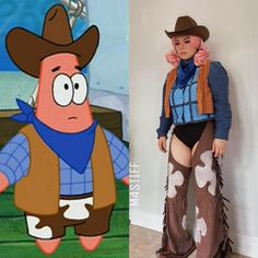 a woman in cowboy boots standing next to an image of a cartoon character wearing a cowboy hat