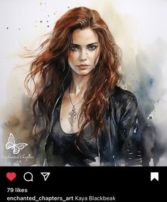 a watercolor painting of a woman with long red hair wearing a black leather jacket