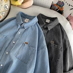 Cute Bear Korean Loose Denim Shirt – Pastel Kitten Everyday Denim Blue Shirt With Pockets, Oversized Long Sleeve Denim Blue Shirt, Trendy Shirt With Buttoned Pockets, Casual Solid Color Shirt With 3/4 Sleeves, Trendy Denim Blue Shirt With Pockets, Trendy Denim Blue Shirt For Everyday, Trendy Relaxed Fit Shirt With Pockets, Oversized Denim Shirt With Pockets, Trendy Everyday Denim Blue Shirt