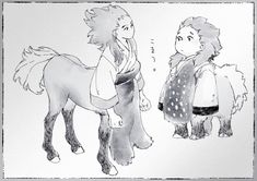 a drawing of two people standing next to each other with a horse in front of them