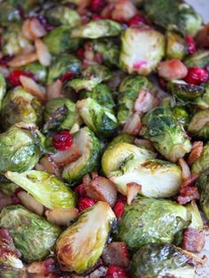 brussel sprouts with bacon and pomegranates in a pan