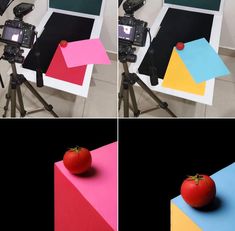 four different images of a tomato on a tripod, one with a camera and the other with post - it notes