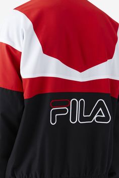 A wardrobe essential for fall. Pair with matching track pants and your fave kicks. Iconic Everywhere. #FILAstyle Style # LM23C619.  Division: Apparel. White And Red, Track Jacket, Track Jackets, Track Pants, Wardrobe Essentials, Cheer Skirts, Division, Track, Black White