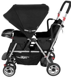 the stroller is black and grey with wheels