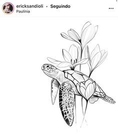 a black and white drawing of a sea turtle on top of a plant with flowers