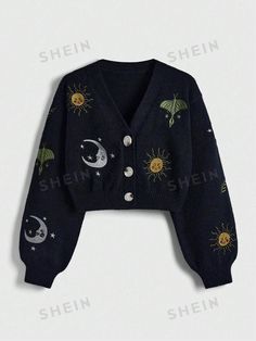 ROMWE Hippie Sun & Moon Pattern Lantern Sleeve Cardigan | SHEIN USA