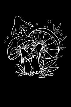 a black and white drawing of mushrooms on a dark background, with plants growing out of them