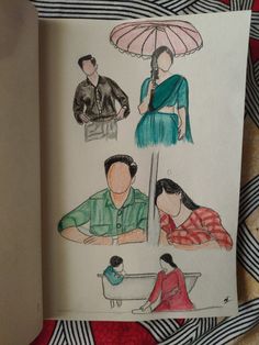 an open book with drawings of people sitting at a table and holding umbrellas over their heads