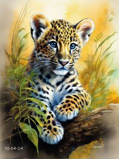 a painting of a baby leopard sitting on top of a tree branch in the grass